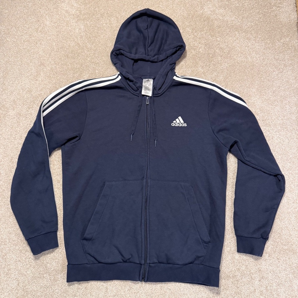 Adidas Full Zip Hoodie Mens Large Navy Blue Essentials 3-Stripes GK9053